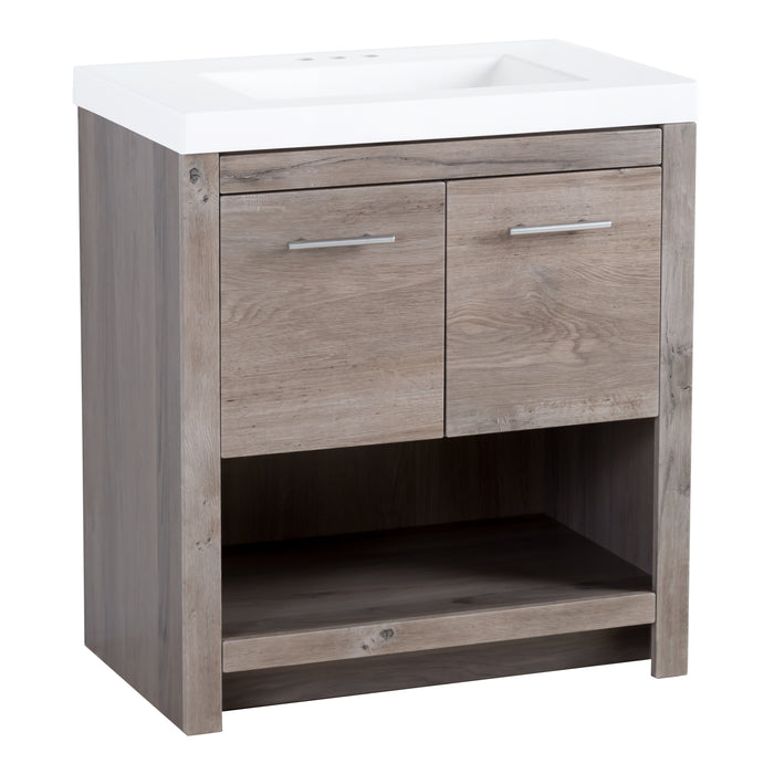 Left side of Birney 30.5" W Freestanding Bathroom Vanity with 2-door cabinet, open shelf, white sink top