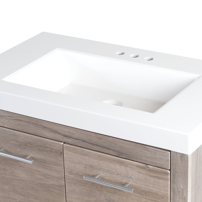 Predrilled white sink top on Birney 30.5" W Freestanding Bathroom Vanity with 2-door cabinet, open shelf