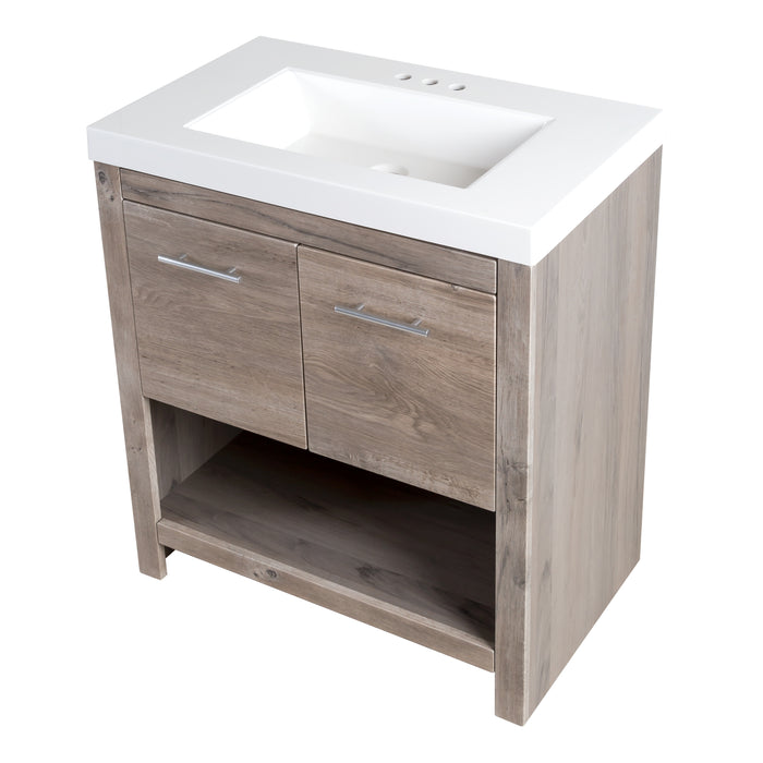 Top down view of Birney 30.5" W Freestanding Bathroom Vanity with 2-door cabinet, open shelf, white sink top