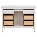 Open back on Bolivar 49 inch beige dresser-style single-sink bathroom vanity with 6 drawers and white sink top