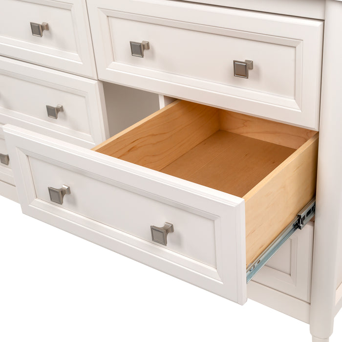 Open drawer on Bolivar 49 inch beige dresser-style single-sink bathroom vanity with 6 drawers and white sink top