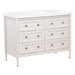 Angled view of Bolivar 49 inch beige dresser-style single-sink bathroom vanity with 6 drawers and white sink top