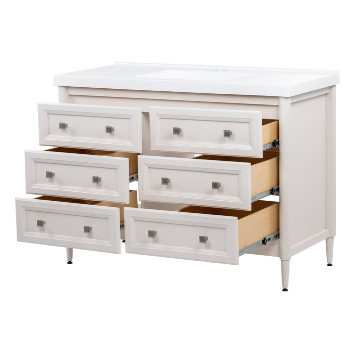Drawers open on Bolivar 49 inch beige dresser-style single-sink bathroom vanity with 6 drawers and white sink top
