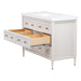 Open middle drawers on Bolivar 49 inch beige dresser-style single-sink bathroom vanity with 6 drawers and white sink top