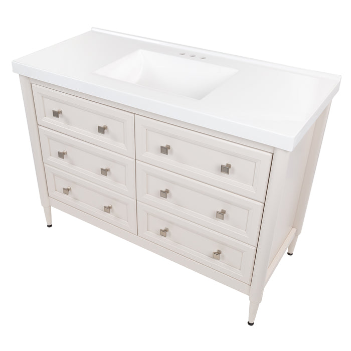 Top view of Bolivar 49 inch beige dresser-style single-sink bathroom vanity with 6 drawers and white sink top