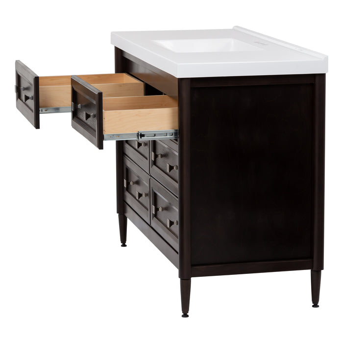 Open top drawers on Bolivar 49 inch dark woodgrain dresser-style single-sink bathroom vanity with 6 drawers and white sink top