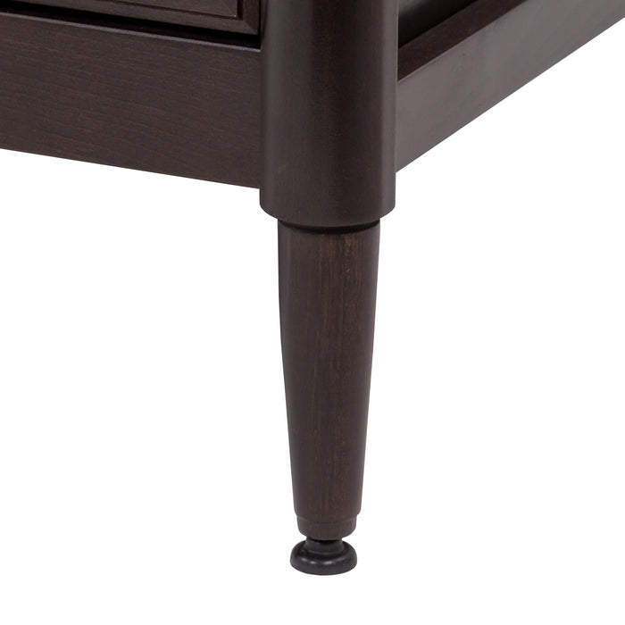 Leveling leg on Bolivar 49 inch dark woodgrain dresser-style single-sink bathroom vanity with 6 drawers and white sink top