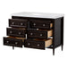Open drawers on Bolivar 49 inch dark woodgrain dresser-style single-sink bathroom vanity with 6 drawers and white sink top
