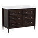 Angled view of Bolivar 49 inch dark woodgrain dresser-style single-sink bathroom vanity with 6 drawers and white sink top