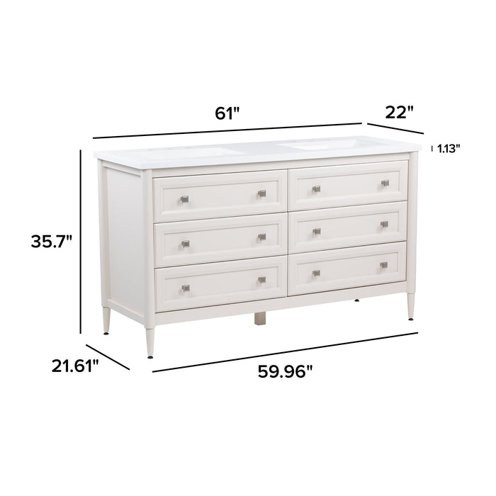 View of the Bolivar 61" wide double-sink dresser-style vanity featuring a traditional, 6 drawer design in a soft off-white finish with size dimensions