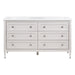 Bolivar 61" wide double-sink dresser-style vanity features a traditional design with 6 inset, recessed-panel cabinet drawers, satin nickel pulls, a white cultured marble countertop with integrated sinks and adjustable tapered legs in a soft off-white finish