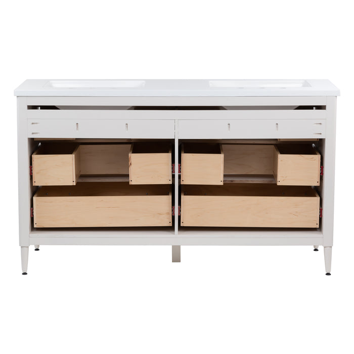 View of the open-back design of the Bolivar 61" wide double-sink dresser-style vanity featuring a traditional design in a soft off-white finish, which allows for quick installation around your existing plumbing