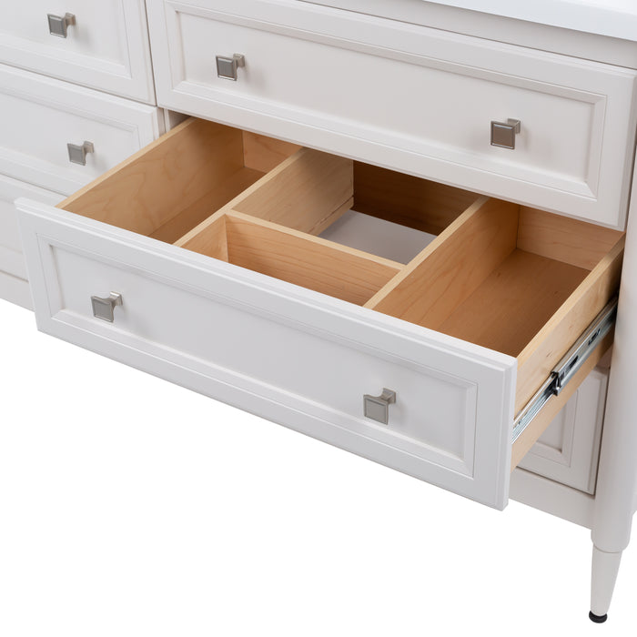 Up close view of an extended drawer of the Bolivar 61" double-sink dresser-style vanity which features a traditional design with 6 inset, recessed-panel cabinet drawers in a soft off-white finish