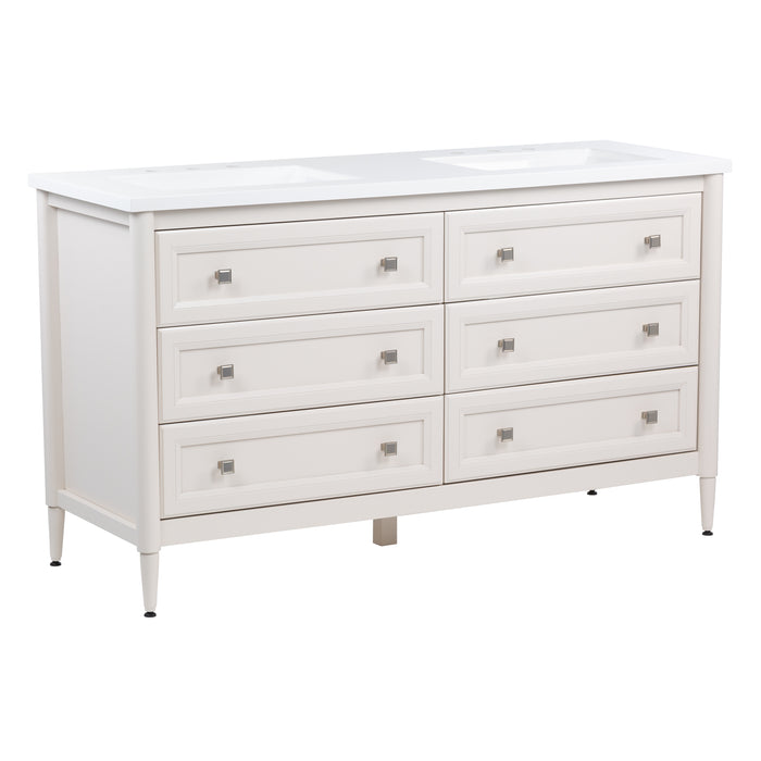 Angled side view image of the Bolivar 61" wide double-sink dresser-style vanity featuring a traditional design with 6 inset, recessed-panel cabinet drawers in a soft off-white finish