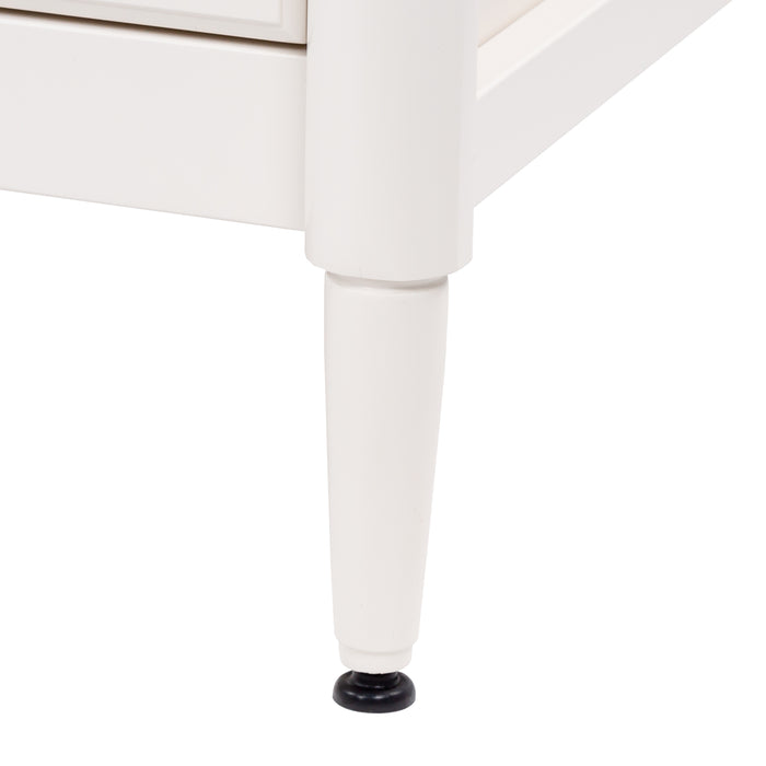 Leveling leg on Bolivar 49 inch cream dresser-style single-sink bathroom vanity with 6 drawers and white sink top