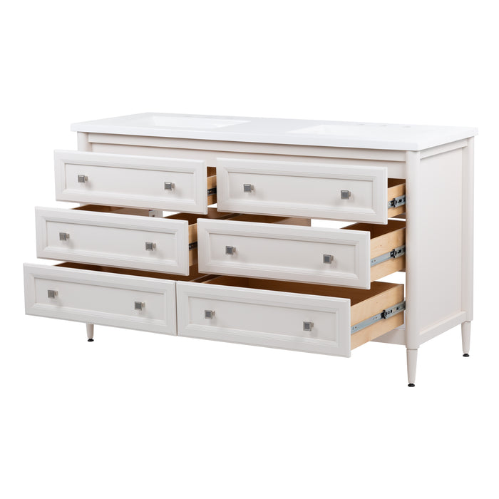 Image shows the Bolivar 61" wide double-sink dresser-style vanity featuring a traditional design in a soft off-white finish with all six cabinet drawers extended