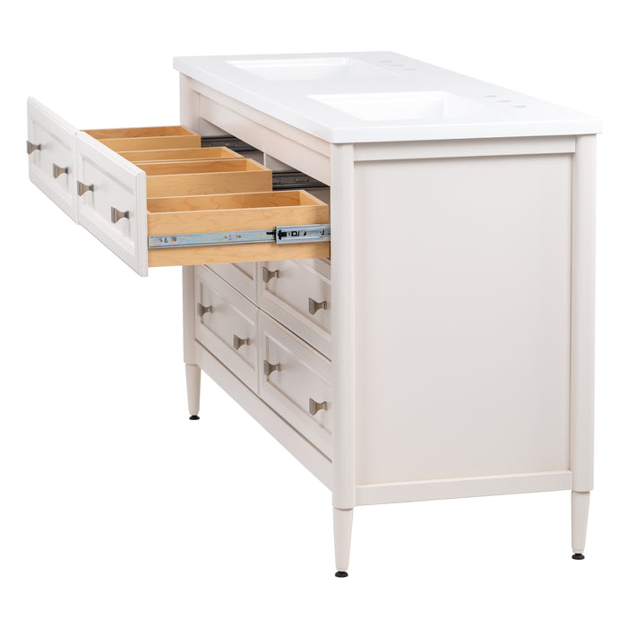 Side view of Bolivar 61" wide double-sink dresser-style vanity featuring a traditional design with 6 inset, recessed-panel cabinet drawers in a soft off-white finish with top drawers extended