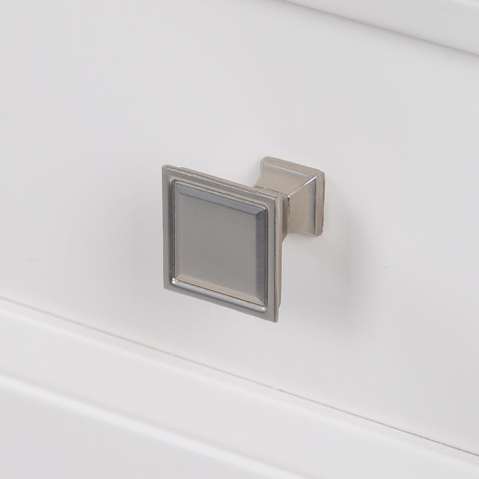 Detail of square drawer pulls on Bolivar 49 inch cream dresser-style single-sink bathroom vanity with 6 drawers and white sink top