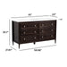 View of the Bolivar 61" wide double-sink dresser-style vanity featuring a traditional, 6 drawer design in a rich brown finish with size dimensions