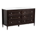 Angled side view image of the Bolivar 61" wide double-sink dresser-style vanity featuring a traditional design with 6 inset, recessed-panel cabinet drawers in a rich brown finish