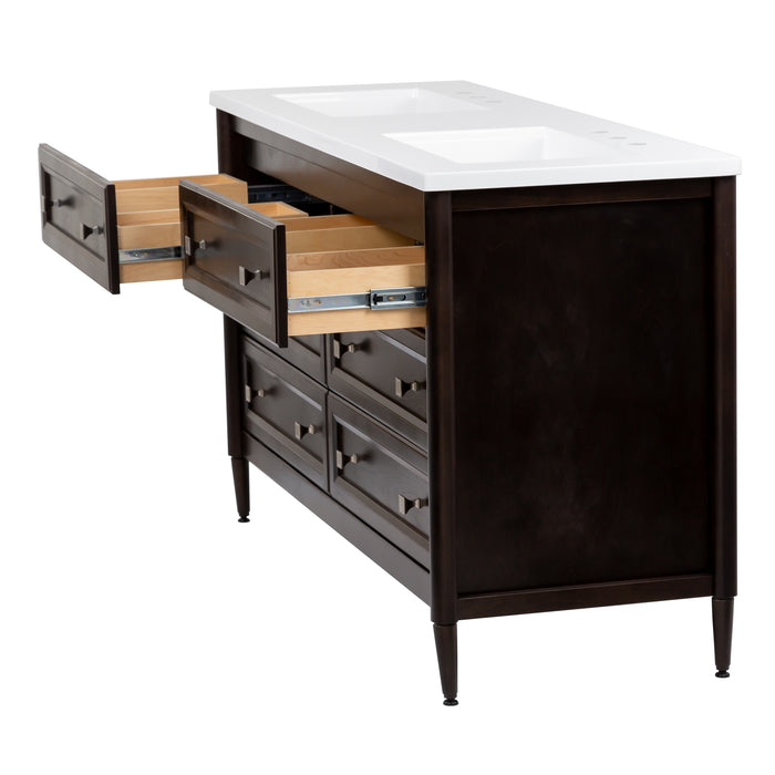 Side view of Bolivar 61" wide double-sink dresser-style vanity featuring a traditional design with 6 inset, recessed-panel cabinet drawers in a rich brown finish with top drawers extended