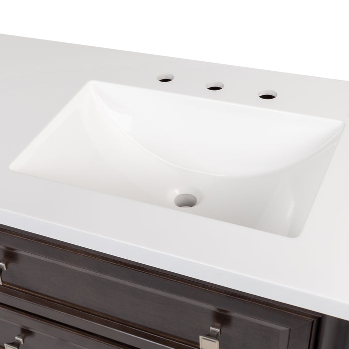 View of one of the two predrilled sink tops of the Bolivar 61" wide double-sink dresser-style vanity in a rich brown finish