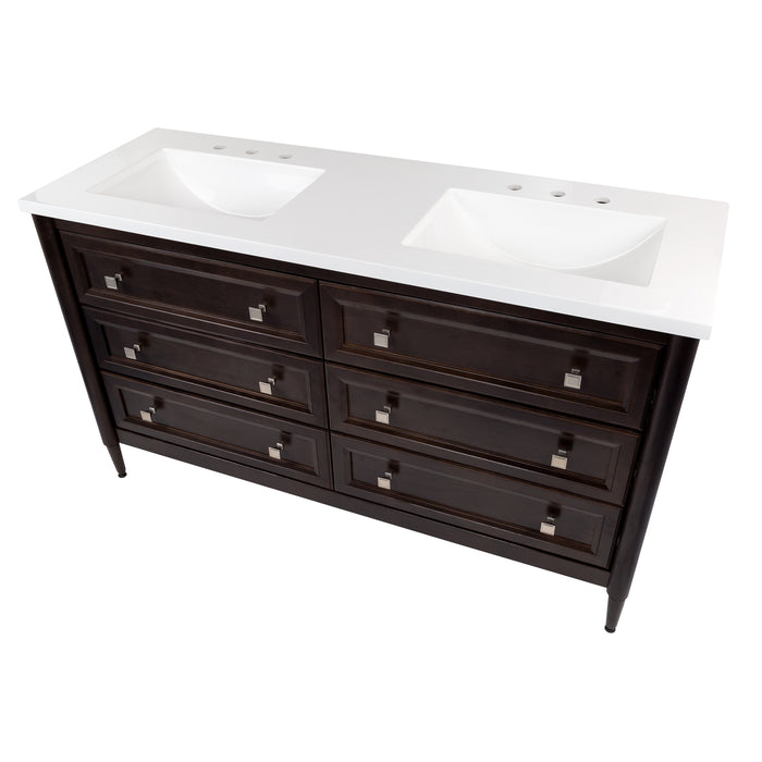 Angled top-down view of the Bolivar 61" wide double-sink dresser-style vanity features a traditional design with 6 inset, recessed-panel cabinet drawers, satin nickel pulls, a white cultured marble countertop with integrated sinks and adjustable tapered legs in a rich brown finish