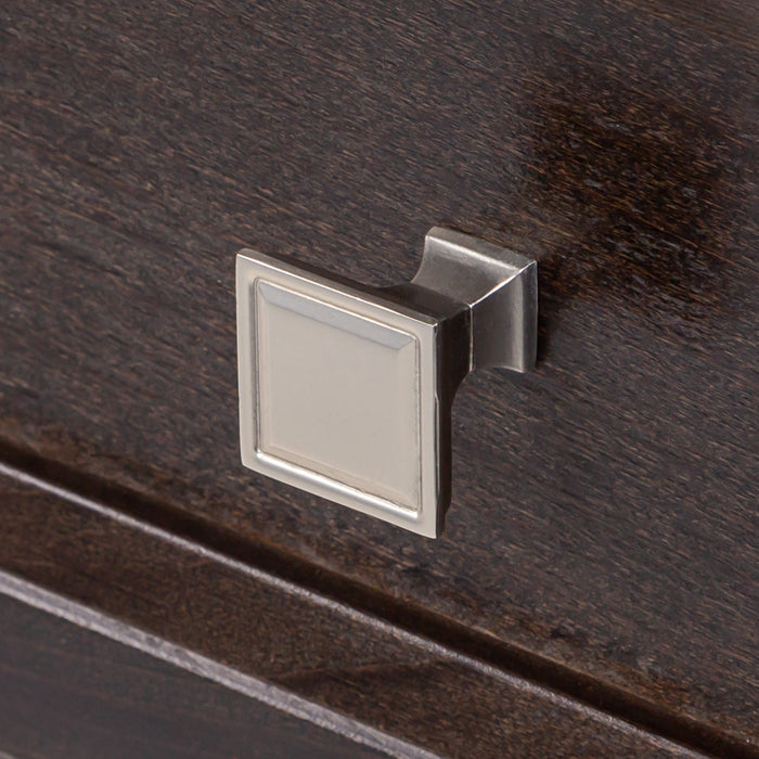 Square polished chrome drawer pull on Bolivar 49 inch dark woodgrain dresser-style single-sink bathroom vanity with 6 drawers and white sink top