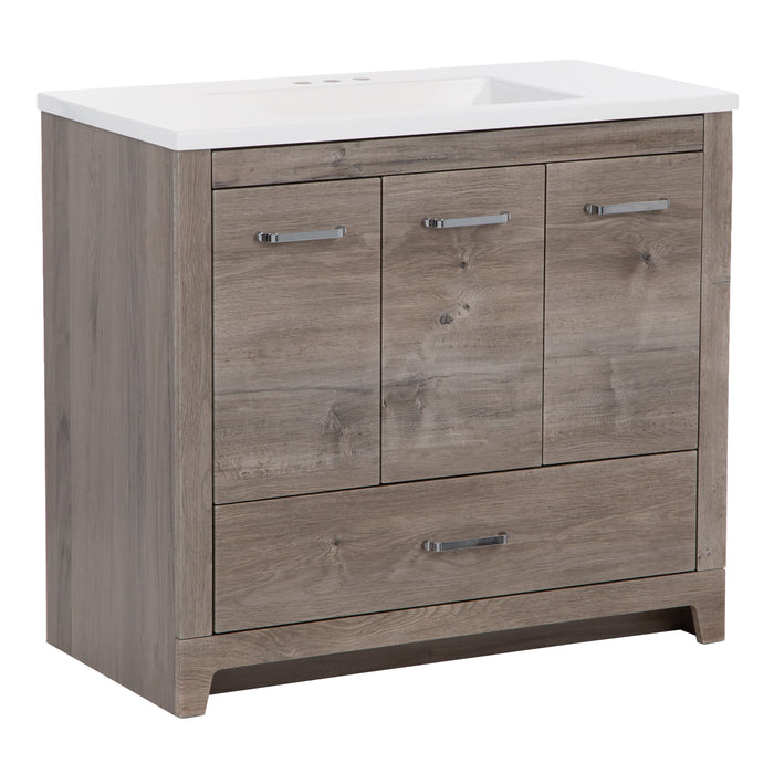 Angled view of Breena 36.5 in single-sink vanity with woodgrain finish, 3 doors, 1 drawer, interior shelf, polished chrome hardware, and white sink top