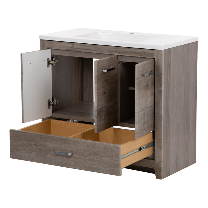 Open doors and base drawer on Breena 36.5 in single-sink vanity with woodgrain finish, 3 doors, 1 drawer, fixed interior shelf,  polished chrome hardware, and white sink top