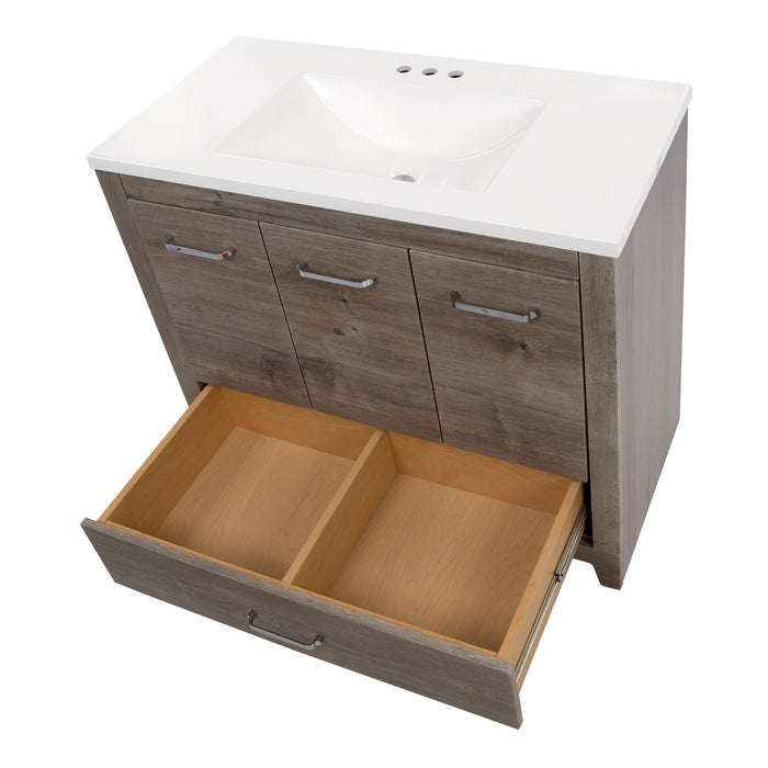 Top view with open divided base drawer on Breena 36.5 in single-sink vanity with woodgrain finish, 3 doors, 1 drawer, interior shelf, polished chrome hardware, and white sink top