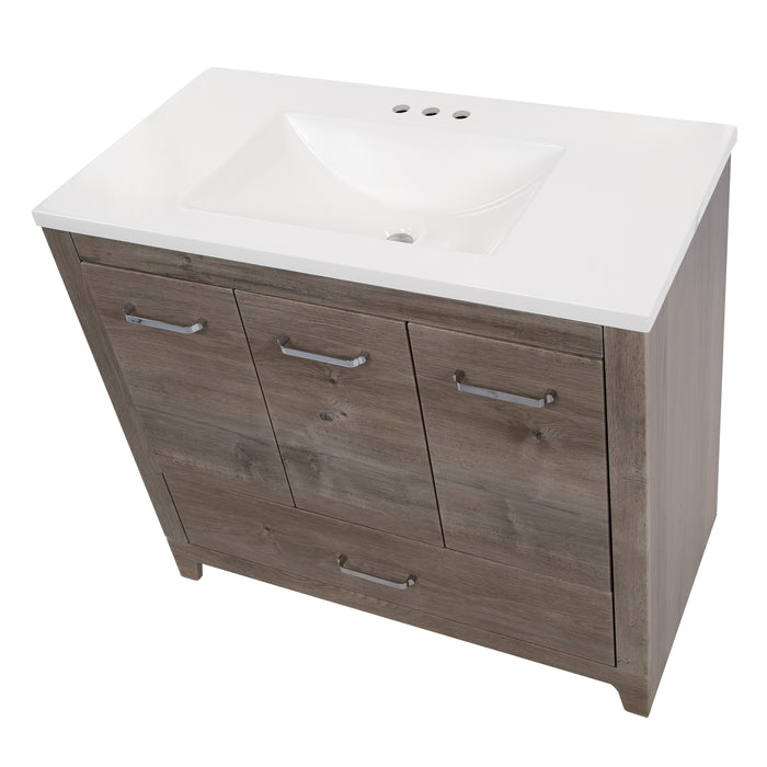 Top view of Breena 36.5 in single-sink vanity with woodgrain finish, 3 doors, 1 drawer, interior shelf, polished chrome hardware, and white sink top