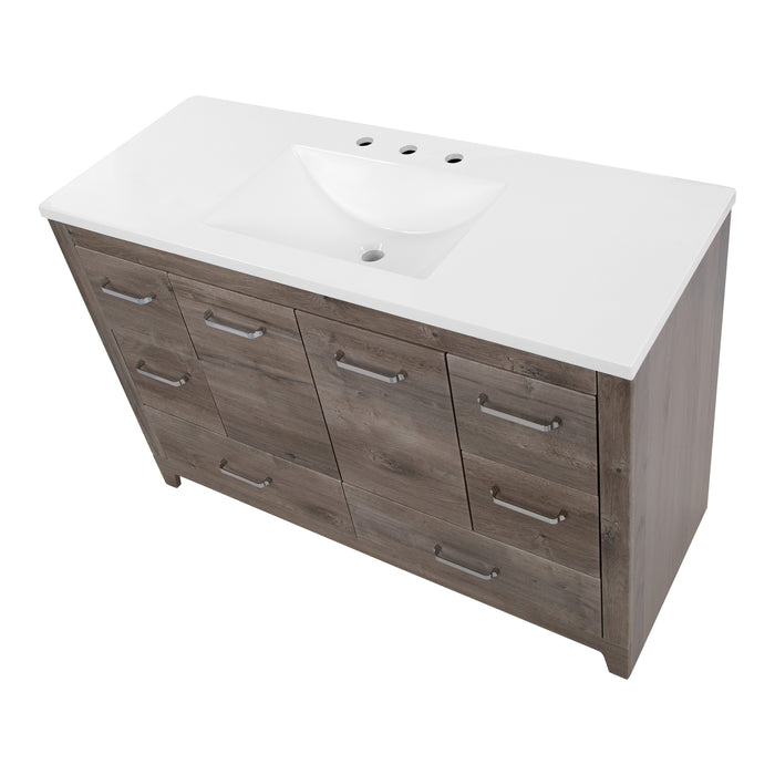 Top view of Breena 48.25 bathroom vanity with woodgrain finish, 2-door cabinet, 6 drawers, polished chrome hardware, and white sink top