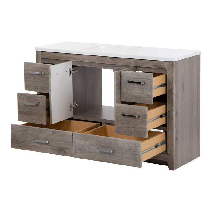 Open doors and drawers on Breena 48.25 bathroom vanity with woodgrain finish, 2-door cabinet, 6 drawers, polished chrome hardware, and white sink top