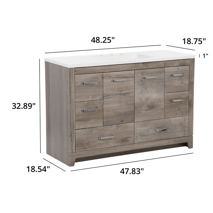 Measurements of Breena 48.25 bathroom vanity with woodgrain finish, 2-door cabinet, 6 drawers, polished chrome hardware, and white sink top: 48.25 in W x 18.75 in D x 32.89 in H