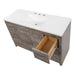 Top view with open drawer of Breena 48.25 bathroom vanity with woodgrain finish, 2-door cabinet, 6 drawers, polished chrome hardware, and white sink top