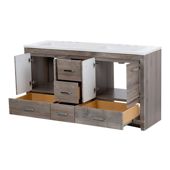 Open doors and drawers on Breena 60.25 bathroom vanity with woodgrain finish, 2-door cabinet, 5 drawers, polished chrome hardware, and white sink top