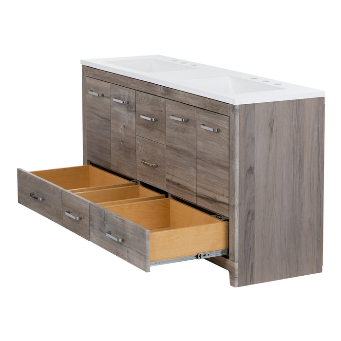 Angled view with base drawers open on Breena 60.25 bathroom vanity with woodgrain finish, 2-door cabinet, 5 drawers, polished chrome hardware, and white sink top