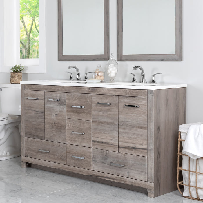 Breena 60.25 bathroom vanity with woodgrain finish, 2-door cabinet, 5 drawers, polished chrome hardware, and white sink top installed in bathroom with faucets, mirrors