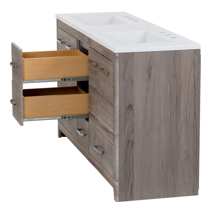 Angled view with center drawers open of Breena 60.25 bathroom vanity with woodgrain finish, 2-door cabinet, 5 drawers, polished chrome hardware, and white sink top