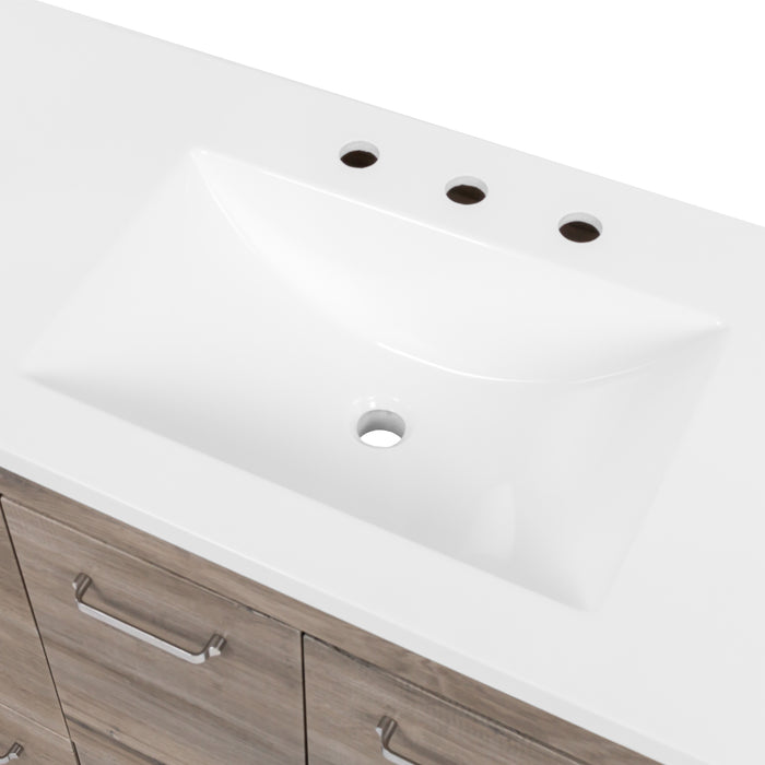 Predrilled white sink top on Breena 60.25 bathroom vanity with woodgrain finish, 2-door cabinet, 5 drawers, polished chrome hardware, and white sink top