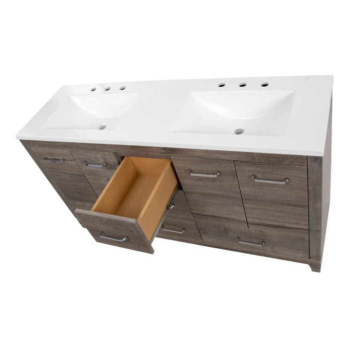 Top voew with center drawer open on Breena 60.25 bathroom vanity with woodgrain finish, 2-door cabinet, 5 drawers, polished chrome hardware, and white sink top