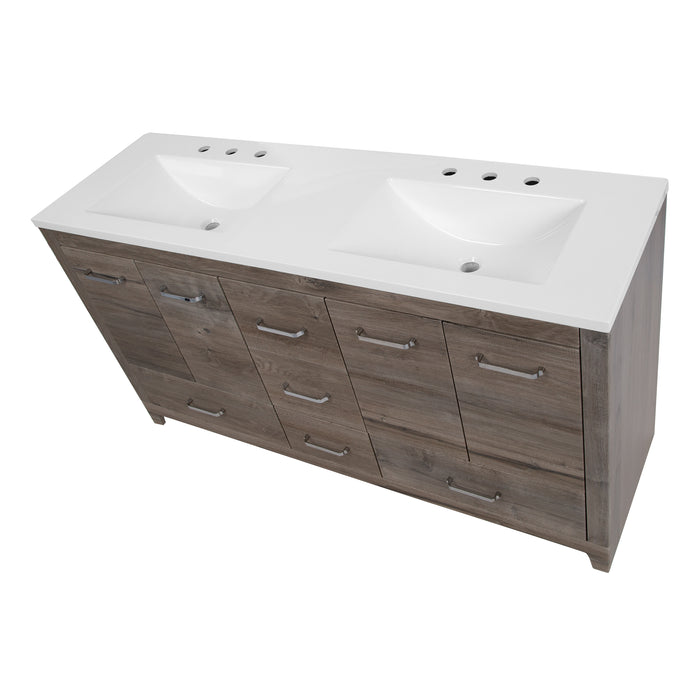 Top view of Breena 60.25 bathroom vanity with woodgrain finish, 2-door cabinet, 5 drawers, polished chrome hardware, and white sink top