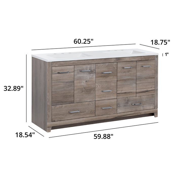 Measurements of Breena 60.25 double bathroom vanity with woodgrain finish, 2-door cabinet, 5 drawers, polished chrome hardware, and white sink top: 60.25 in W x 18.75 in D x 32.89 in H