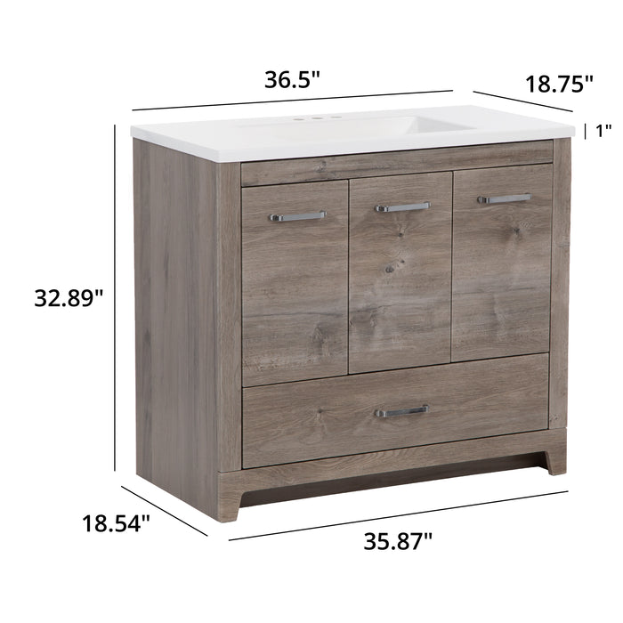 Measurements of Breena 36.5 in single-sink vanity with woodgrain finish, 3 doors, 1 drawer, interior shelf, polished chrome hardware, and white sink top: 36.5 in W x 18.75 in D x 32.89 in H