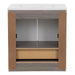 Open back on 30.25 in Breena half-bath vanity with woodgrain laminate finish, 2-door cabinet, base drawer, chrome hardware