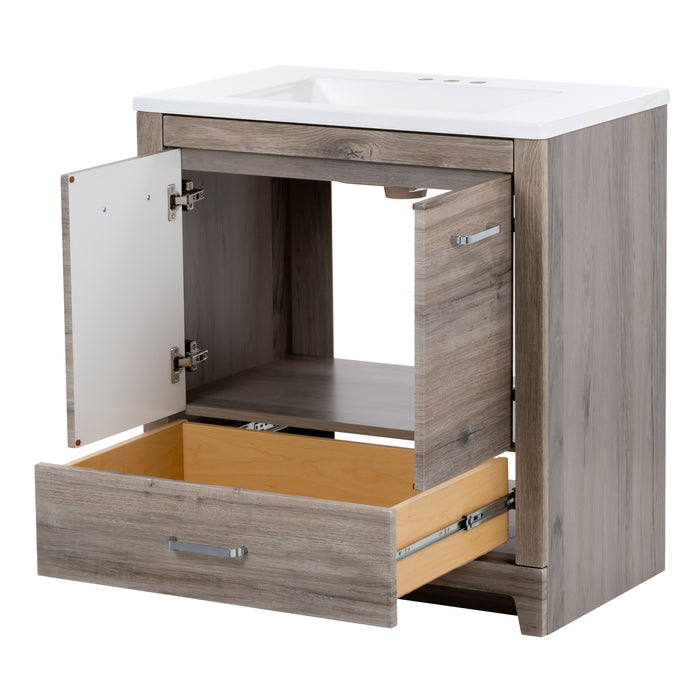 Open drawer and doors on 30.25 in Breena half-bath vanity with woodgrain laminate finish, 2-door cabinet, base drawer, chrome hardware