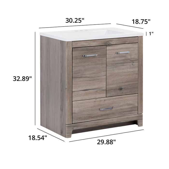 Measurements of 30.25 in Breena half-bath vanity with woodgrain laminate finish, 2-door cabinet, base drawer, chrome hardware: 30.25 in W x 18.75 in D x 32.89 in H