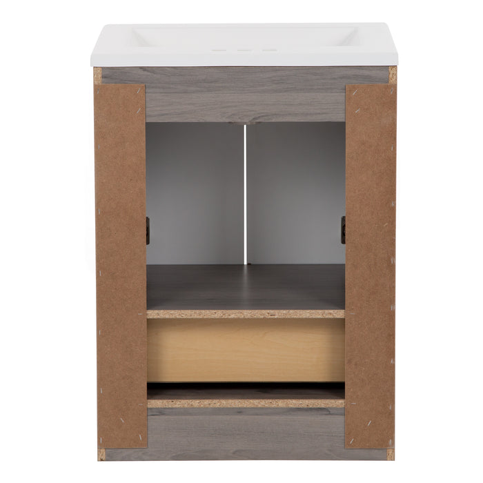 Open back on 24.25 in Breena bathroom vanity with woodgrain laminate finish, 2-door cabinet, base drawer, chrome hardware