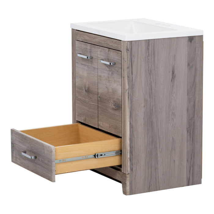 Angled view of 24.25 in Breena bathroom vanity with woodgrain laminate finish, 2-door cabinet, base drawer, chrome hardware